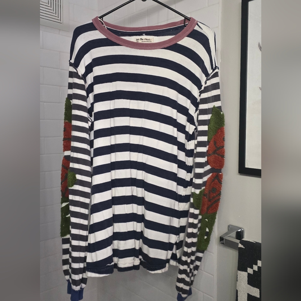 We The Free Striped Long Sleeve Shirt with Floral Elbow Patches